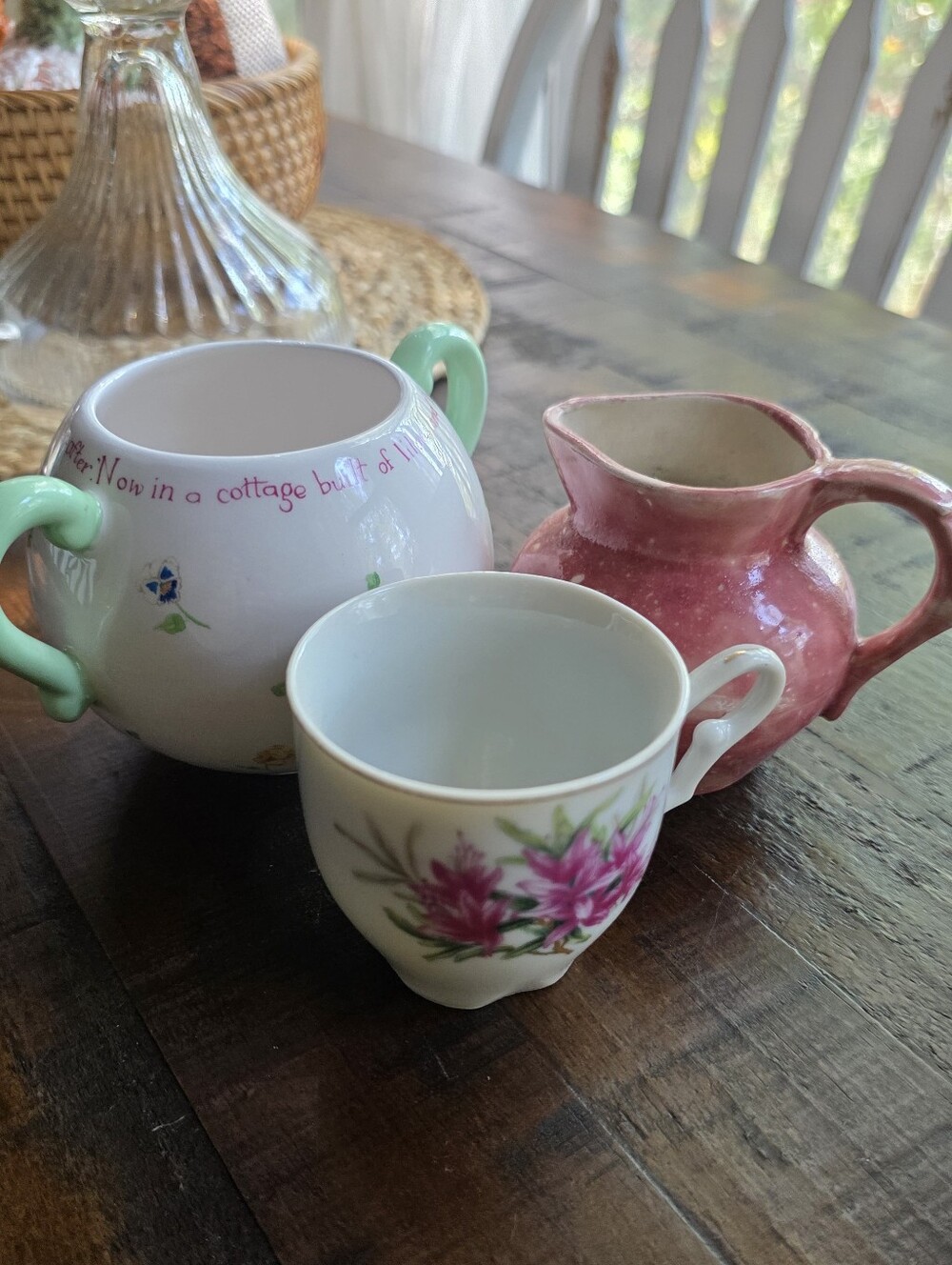 Pink Ceramic Creamer and Floral Porcelain Teacup Set - Pink & Mint Accents